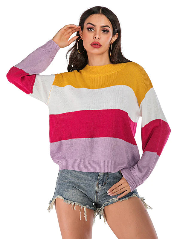 SPLICED LONG SLEEVE PULLOVER SWEATER Crew Neck Wool
