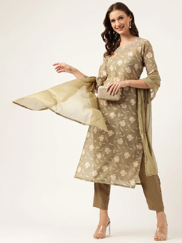 Divena Olive Embroidered Cotton Kurta Trouser with Dupatta Set Chinos Cotton Straight Leg