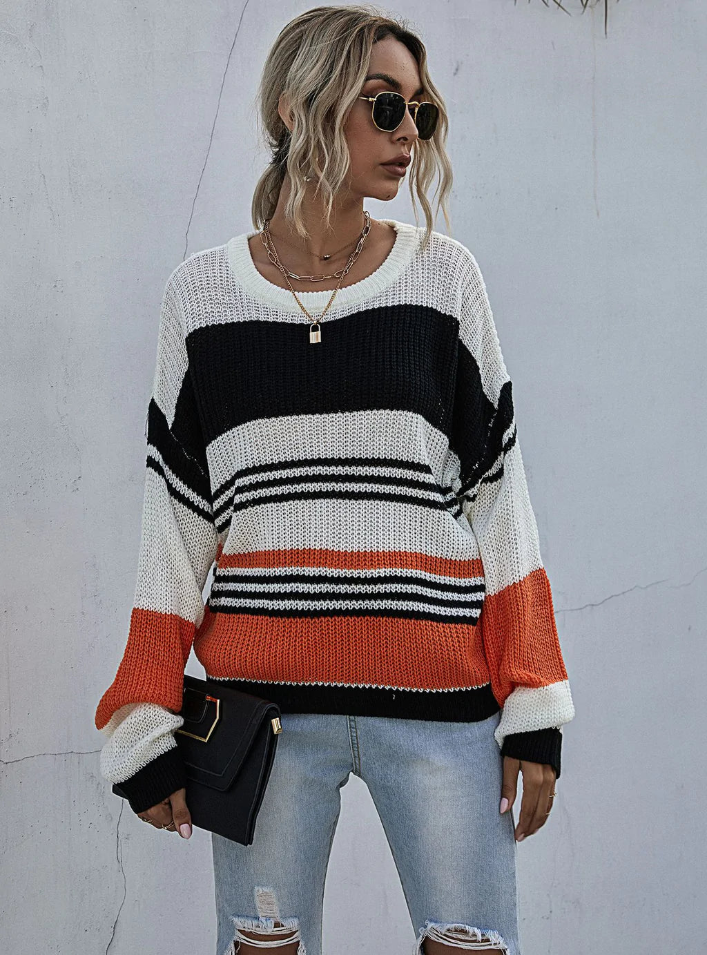 COLOR MATCHING LOOSE KNIT ROUND NECK PULLOVER Tight Sleeve Top