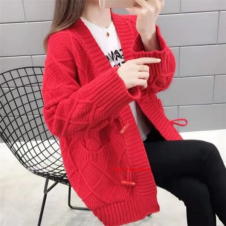 Spring Autumn New Loose Wild Long Sleeves Knitwear Female Sweaters 2XL S2624563 Houndstooth Herringbone Solid