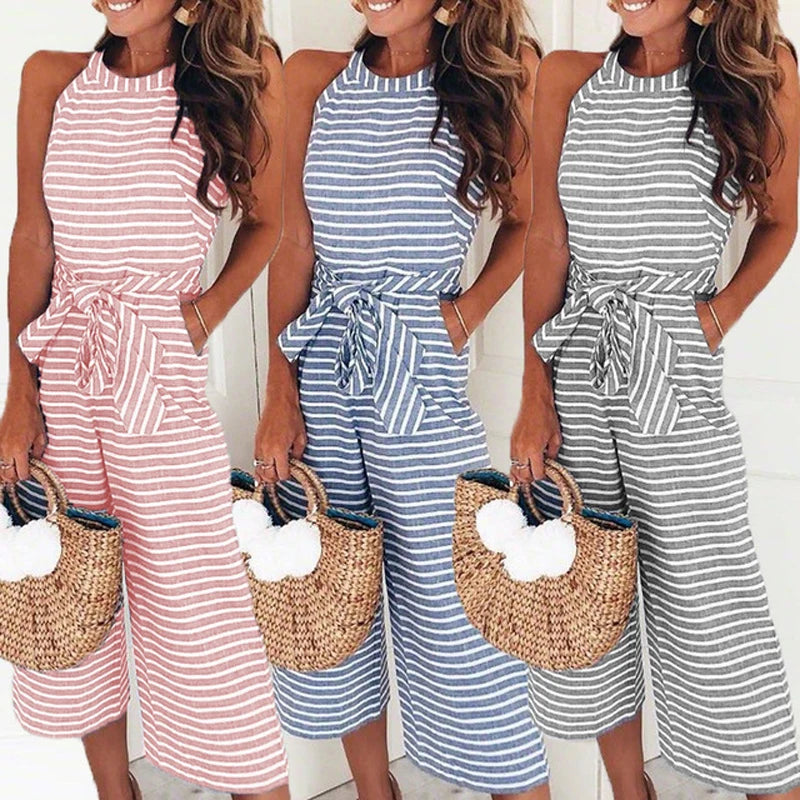 Elegant Sexy Jumpsuits Women Sleeveless Striped Jumpsuit Trousers Wide Leg Pants Rompers Loose Style Belted Leotard Overalls Trousers cozy comfortable Elegant Sexy Jumpsuits Women Sleeveless Striped Jumpsuit Trousers Wide Leg Pants Rompers Loose Style Belted Leotard Overalls Trousers cozy comfortable