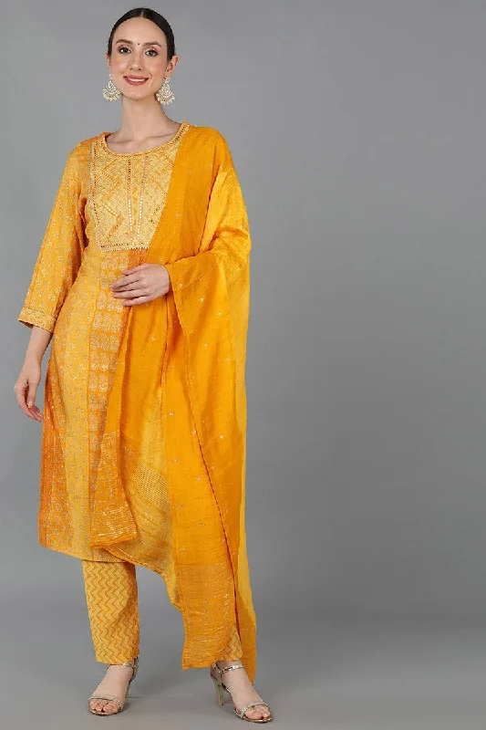 Mustard Silk Blend Ethnic Motifs Straight Kurta Trousers With Dupatta Trousers Silk Elegant