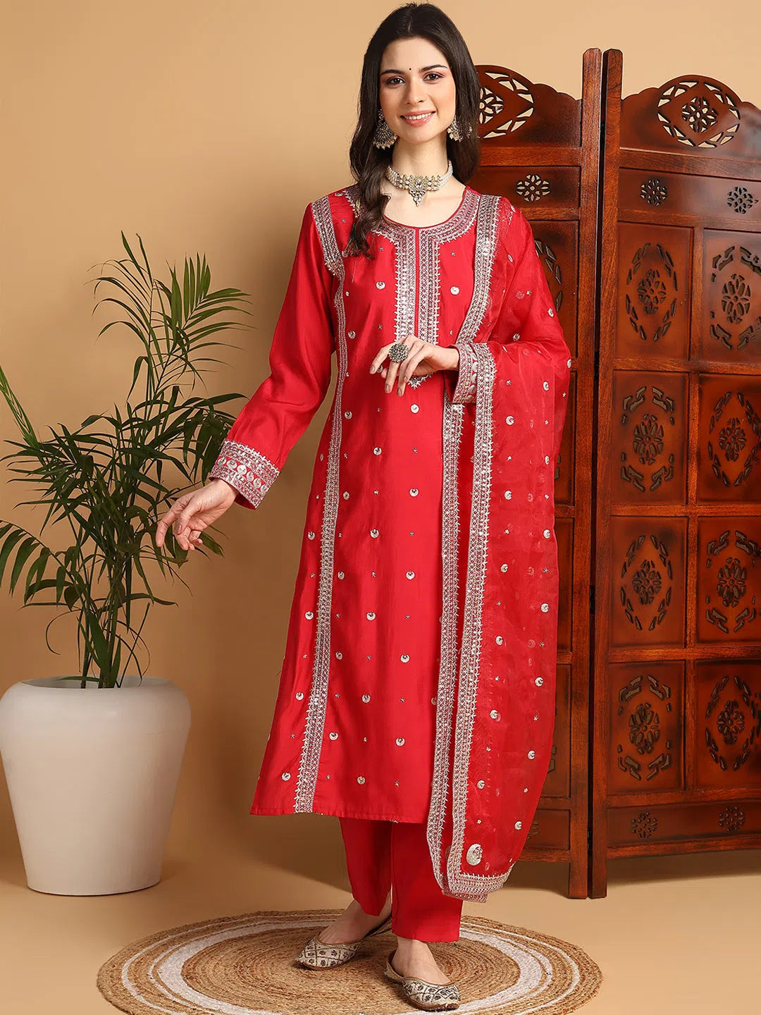 Ahika Women Red Silk Blend Solid Embroidered Straight Kurta Trouser With Dupatta Trousers Culottes Wide Leg