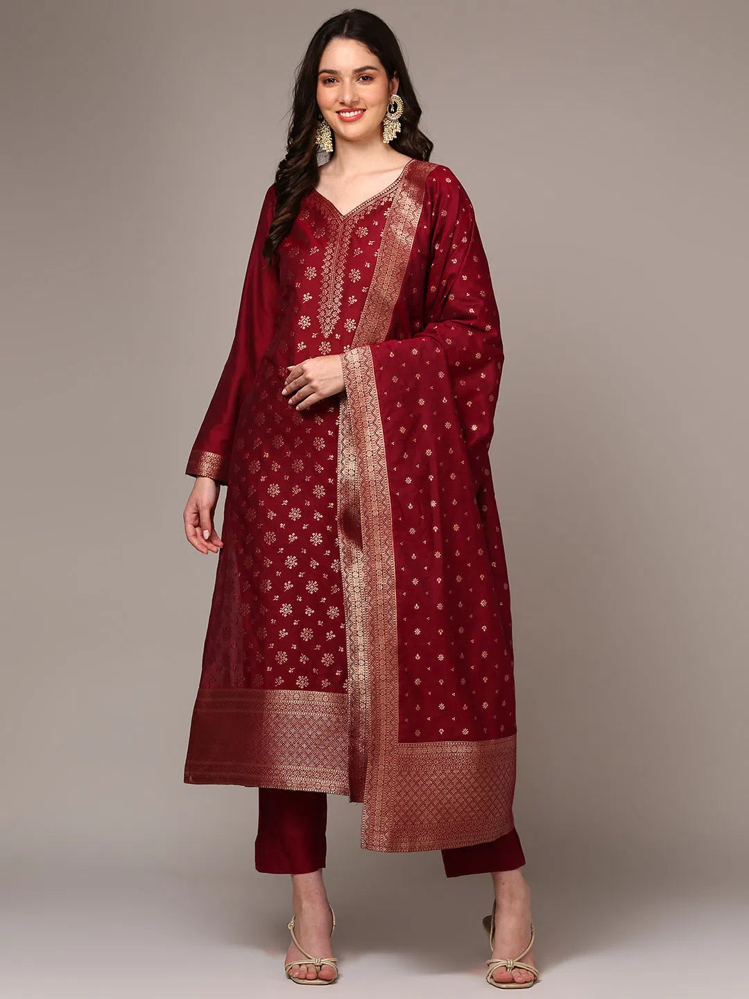 Ahika Women Red Poly Chanderi Woven Design Straight Kurta Trouser With Dupatta PKSKD1977 Trousers Bridal Satin