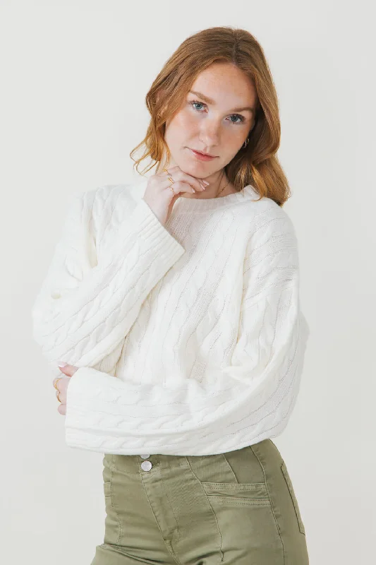 Cable Knit Crop Sweater for Women in Ivory | MT1543-IVORY Print Jacquard Patchwork