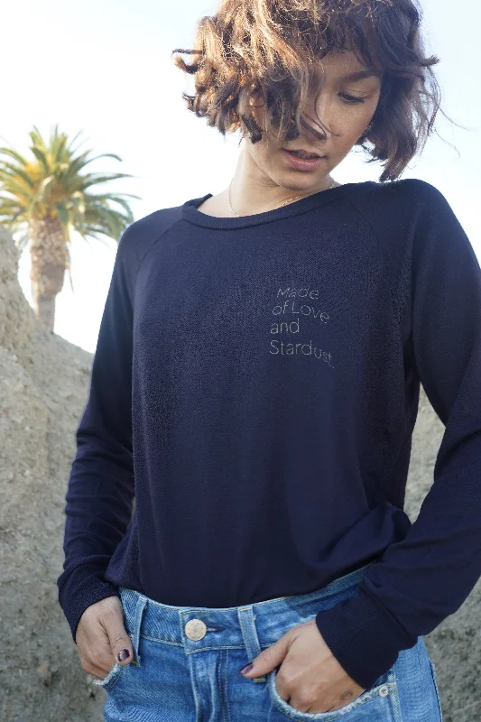 'Made of Love and Stardust' Ultra-Soft Raglan Pullover - Navy Black Long Bell Sleeve