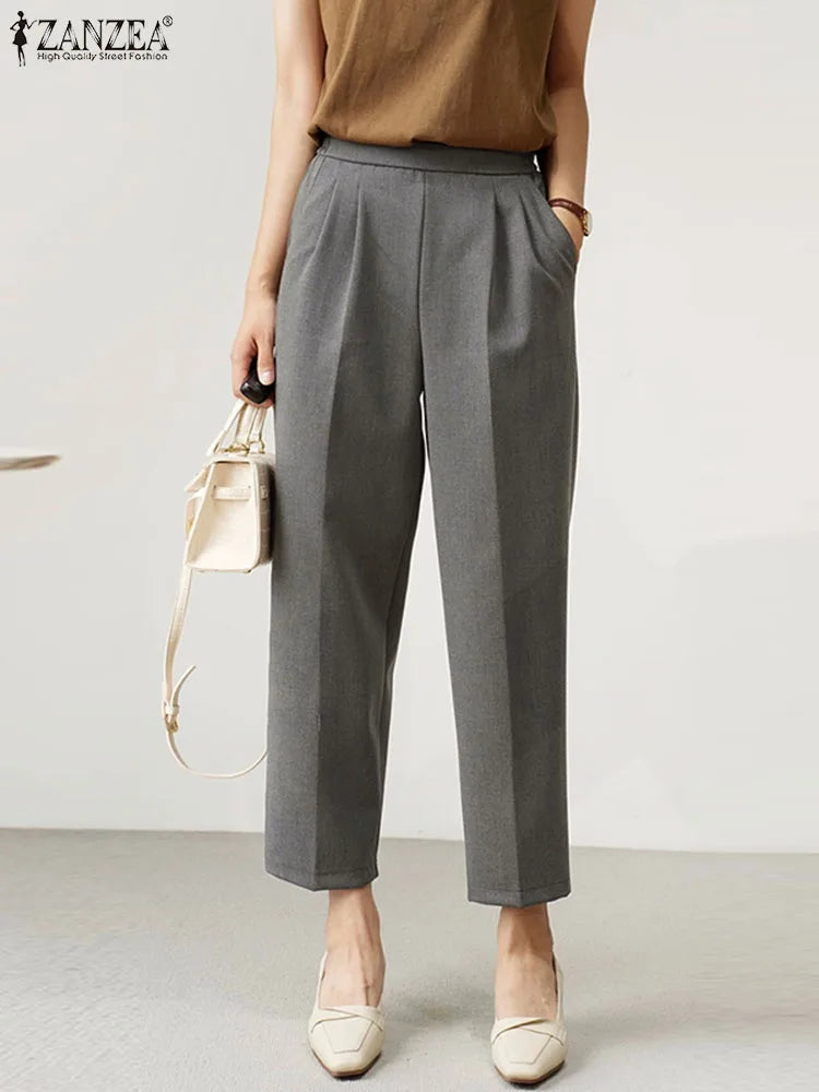 ZANZEA 2024 Summer Formal Cropped Pants Holiday Elastic Waist Trouser Office Lady Capris Women Korean Fashion Pleated Solid Pant Trousers Elastic Waist Soft