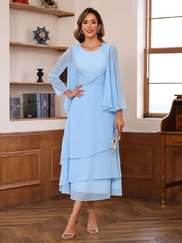 A-Line/Princess Scoop Neck 2 Pcs Tea-Length Plus Size Mother of the Bride Dresses with Ruffles & jacket Satin Jacket Silk Jacket Chiffon Jacket A-Line/Princess Scoop Neck 2 Pcs Tea-Length Plus Size Mother of the Bride Dresses with Ruffles & jacket Satin Jacket Silk Jacket Chiffon Jacket