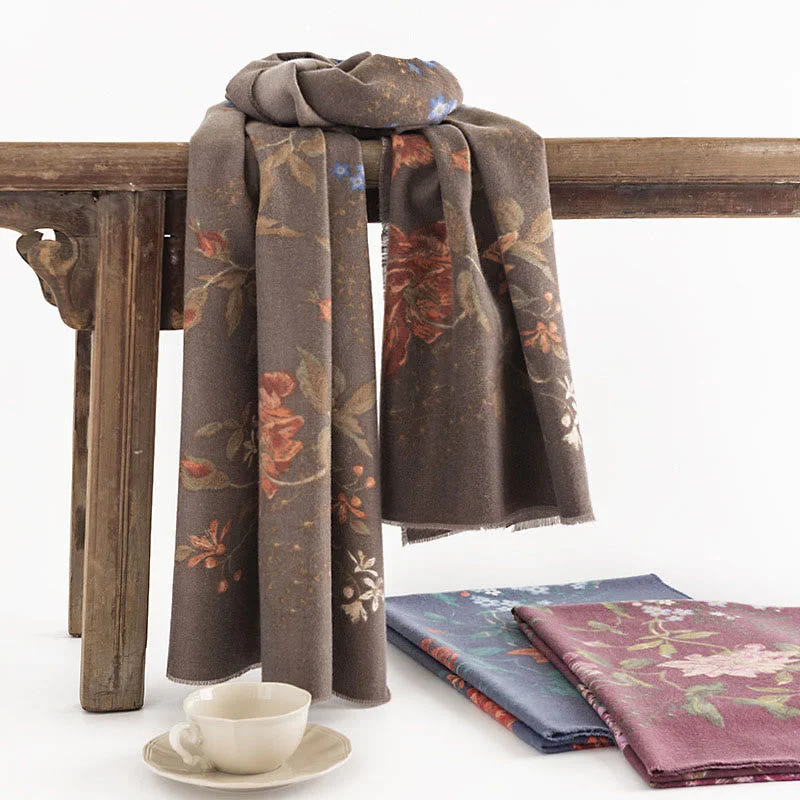 Buddha Stones Tibetan Multiflora Rose Print Pattern Design Shawl Fall Winter Cozy Warm Scarf Wrap Elegant Wool Shawl Cape