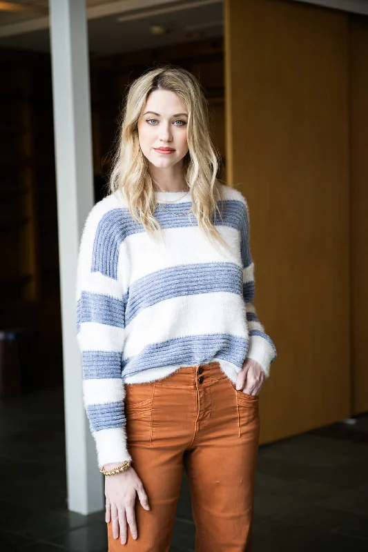 Contrast Stripe Fuzzy Sweater for Women in White/Blue | H20576-IRYBLU Notch Collar Peter Pan Collar Cowl Neck