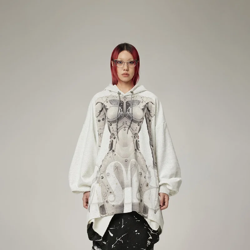 Cyborg Print Oversized Hoodie Top Hoodie with Ribbed Hem Stretchable Secure