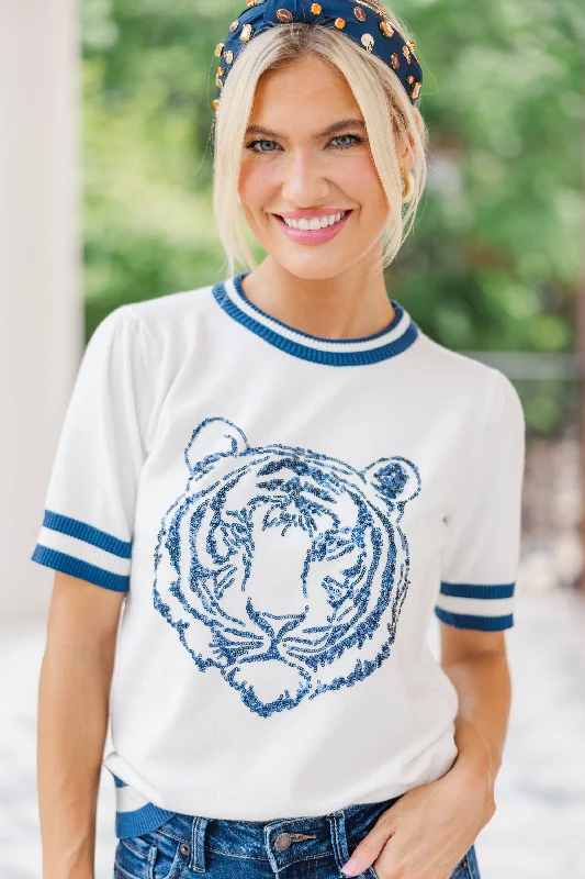 Stay In Character White/Navy Tiger Sweater Glossy Satin Silk