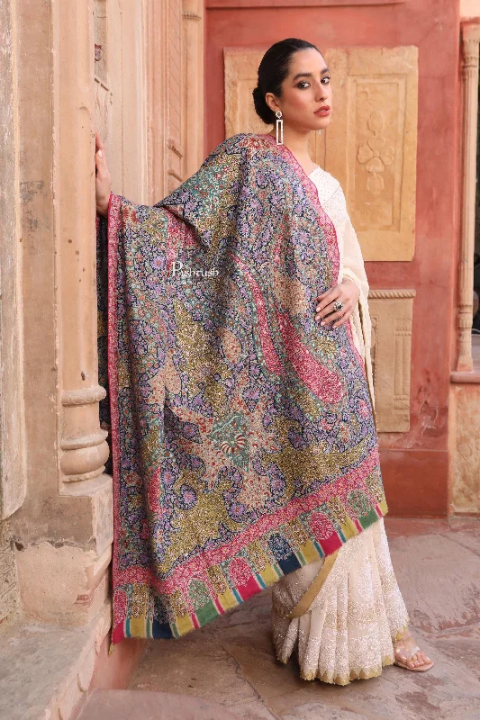 Pashtush Womens Pashmina Kalamkari Shawl, Hand Painted And Embroidered Kalamkari, Hand Woven Cozy Knit Shawl Scarf