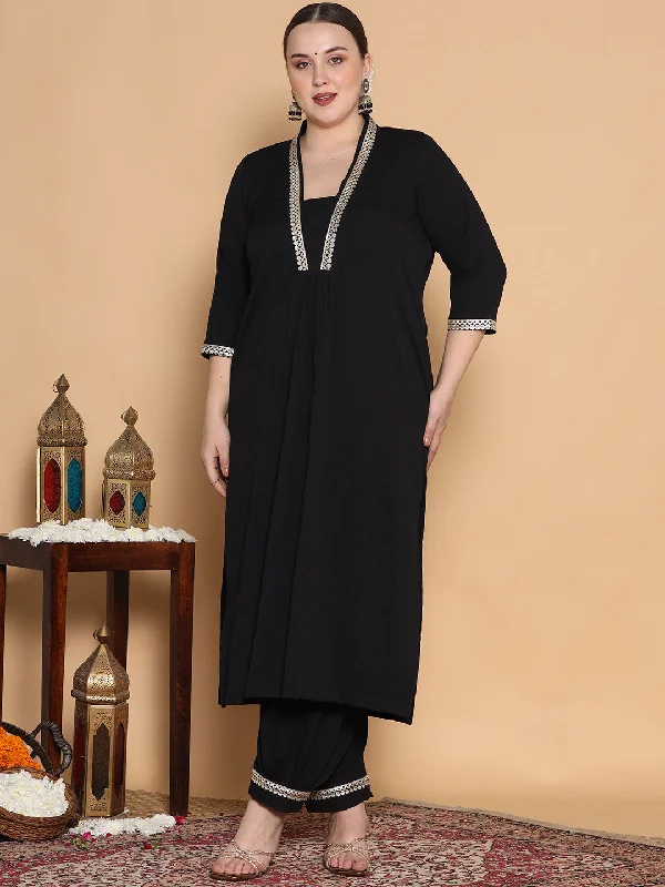 Black Textured Shawl Collar Kurta Fashionable Pashmina Shawl