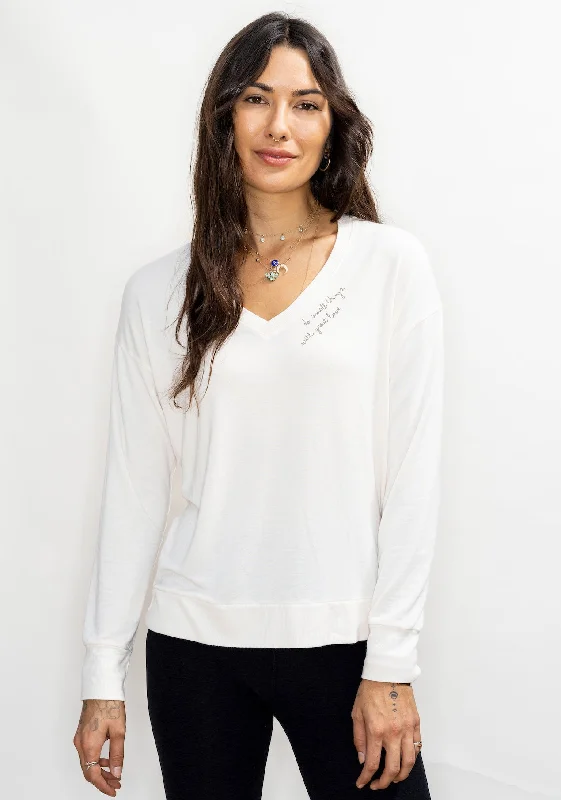 'Do Small Things With Great Love' Ultra-Soft V-Neck Pullover - Cream Slim Sleeve Pullover