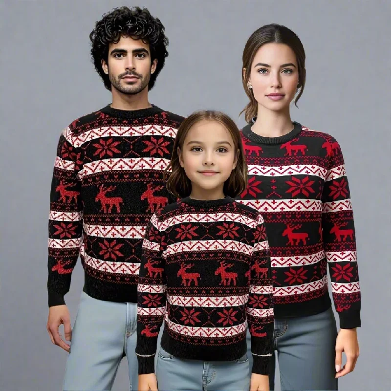 Matching Family Christmas Sweaters – Black with Festive Red Reindeer and Snowflake Design Fleece Sweater Nylon Polyester