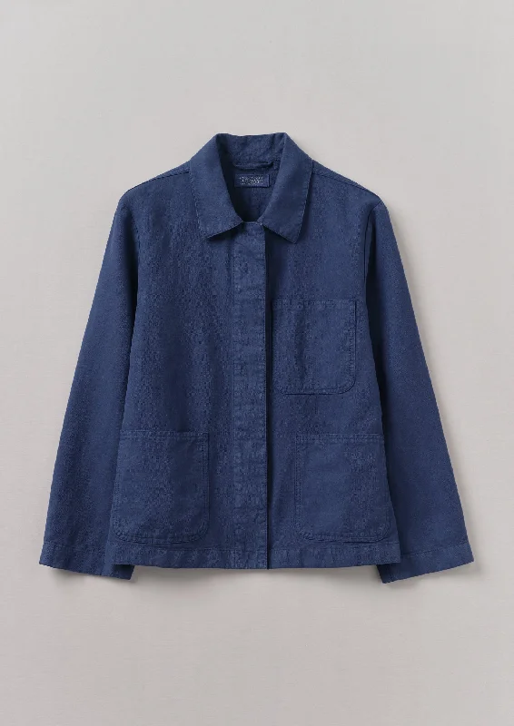 Cotton Linen Herringbone Jacket | Maize Blue Boat Neck Shawl Collar Notched Collar