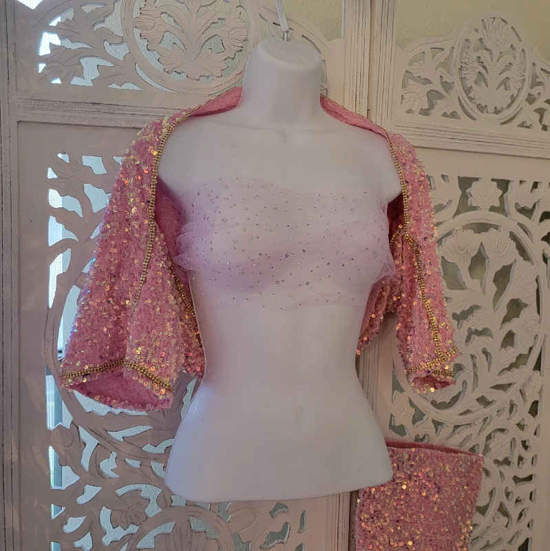 "KAYA" Iridescent Pink Sequin Velvet Shrug Sweater Real Fur Shearling Chenille