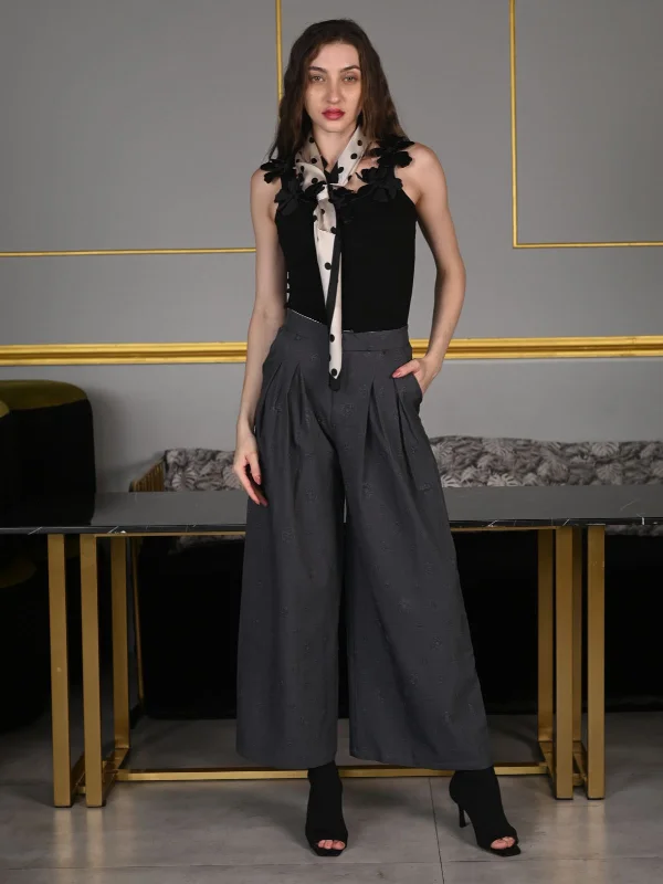 Odette Grey Suede Fabric Embossed Trouser For Women Trousers Polka Dot Cute