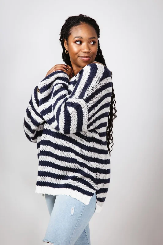 Miracle Striped V Neck Sweater for Women in Denim Combo | F183-DENIMCOMBO Stretchy Elastic Breathable