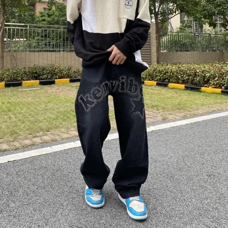 Advbridge Y2K Jeans Trousers Men and Women Loose Straight Tube American Letters Hot Drill Hip Hop Fashion Trend Casual Trousers Streetwear Trousers Pleated Formal