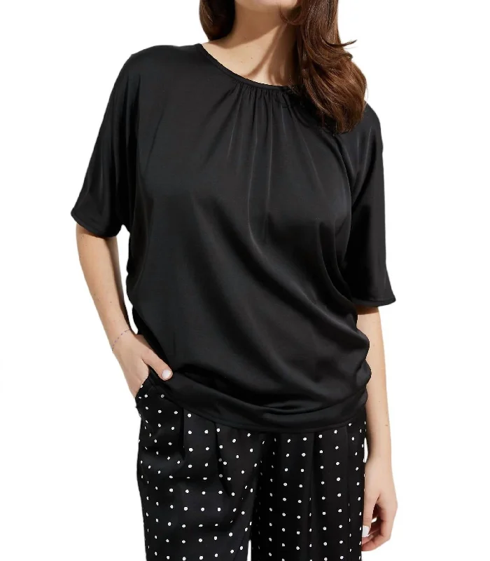 Casual Crew Neck Pullover Top In Black Ruffle Sleeve Feminine