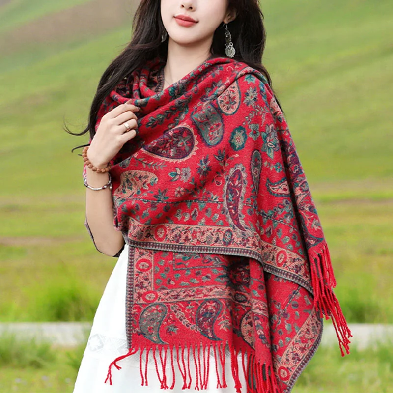 Buddha Stones Tibetan Cashew Flowers Leaves Vine Tassels Shawl Fall Winter Soft Cozy Scarf Wrap Chic Chunky Knit Shawl