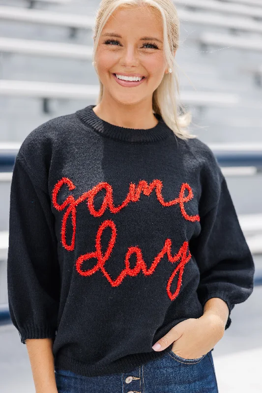 It's Game Day Black/Red Puff Sleeve Sweater Elasticated Padded Insulated