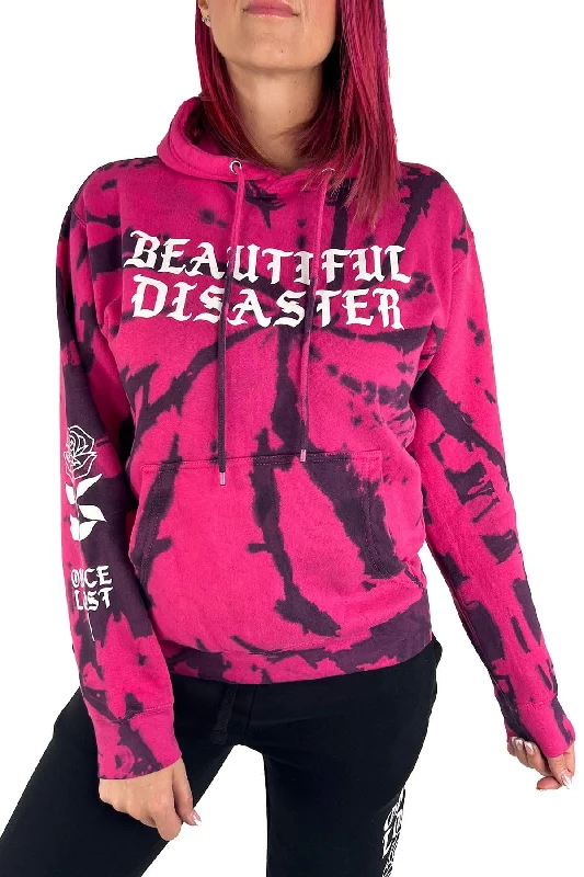 Grace Tie Dye Pullover Hoodie - Pink/Black Hoodie with Tied Waist Feminine Flattering