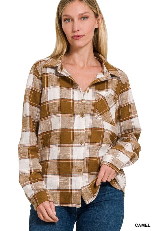 Rad In Plaid Camel Button Down Shirt Jacket Zippered Front Buttoned Front Snap Front