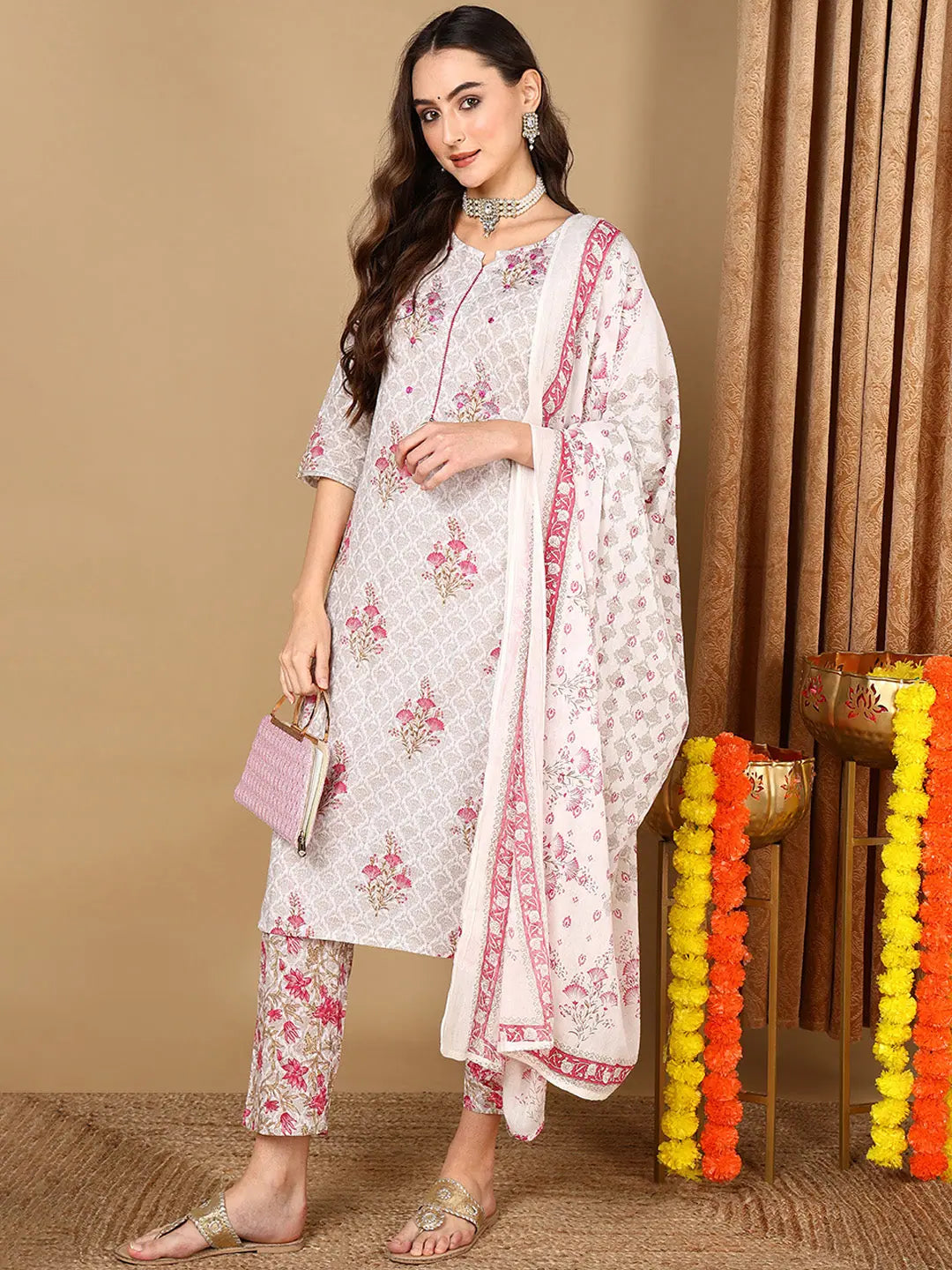 Ahika Women Off White Pure Cotton Ethnic Motifs Printed Kurta Trouser With Dupatta-VKSKD2069_S Trousers Custom Made