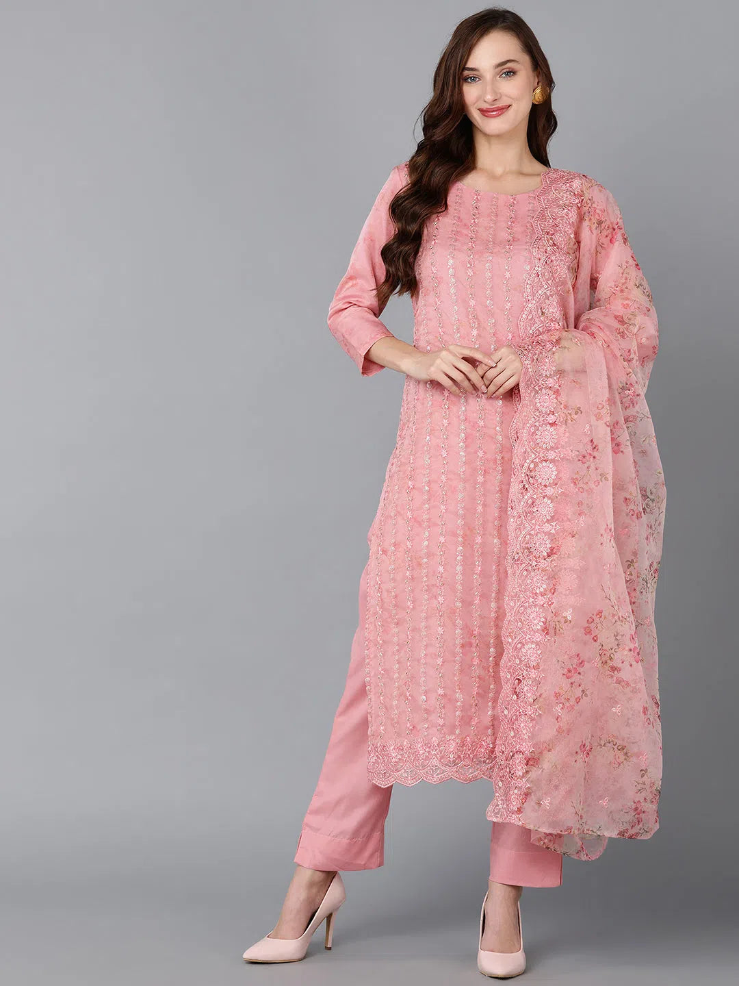 Ahika Women Organza Embroidered Kurta Trousers With-PKSKD1795_XS Trousers Flared Retro