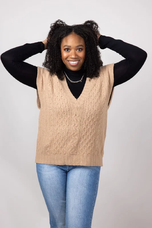 Cable Knit V-Neck Sweater Vest for Women in Almond | LF2S10592-ALM Chenille Blend Fleece Blend Nylon Blend
