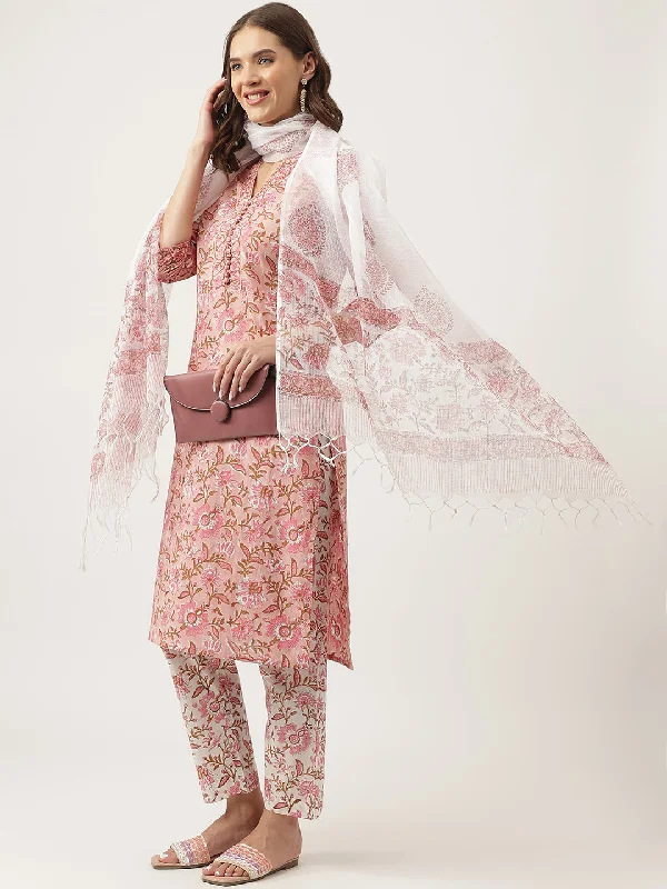 Divena Pink hand block Floral Printed Cotton Kurta, trousers with Dupatta Set Trousers Modern Contemporary