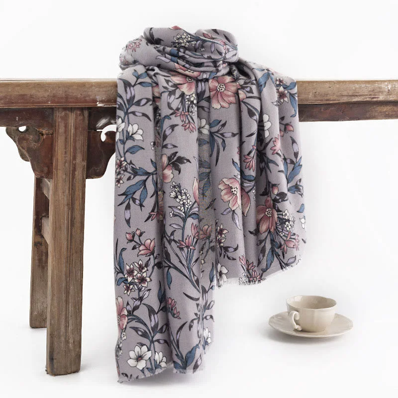 Buddha Stones Tibetan Shawl Retro Blooming Camellia Japonica Print Fall Winter Soft Warm Scarf Wrap Soft Cotton Shawl Cape
