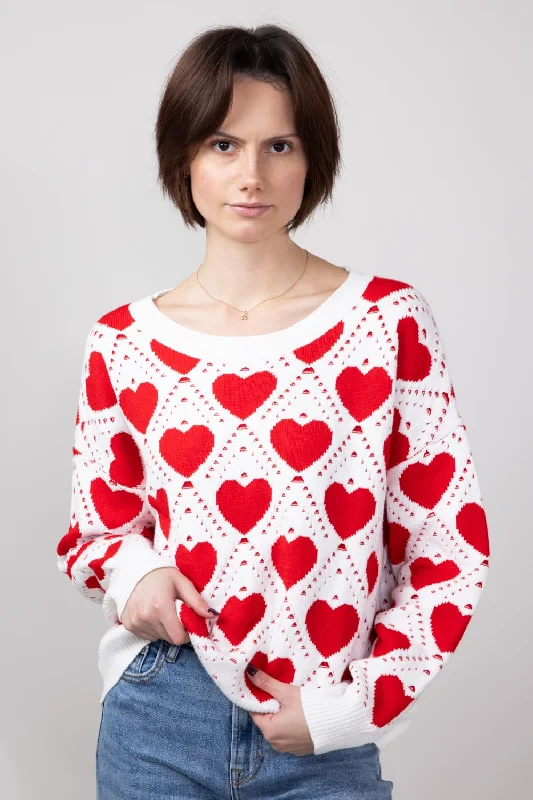 Miracle Kirigami Heart Sweater for Women in Ivory Red | W8372-IVORYRED Fleece Sweater Nylon Polyester