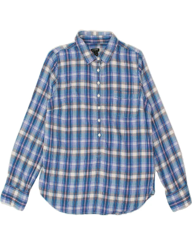 J. CREW Womens Pullover Shirt UK 10 Small Blue Check Cotton Lapel Neck Sweater
