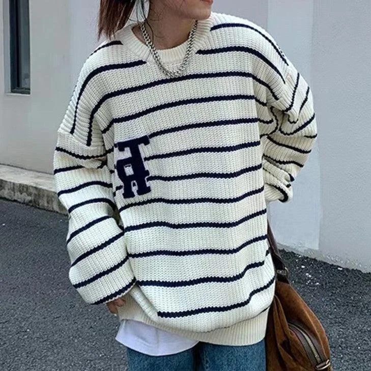 New Retro Japanese Striped Letters Loose Pullover Outerwear Long-sleeved Tops Asymmetrical Hem Sweater