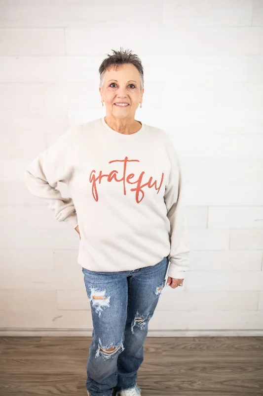 Grateful Fall Sweatshirt-Ivory Hoodie with Hem Frayed Vintage Worn