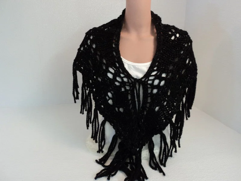 Handcrafted Wrap Shawl Black Silver Fringes Merino Wool Stellina Mix Female -- New No Tags Soft Wool Shawl Wrap Handcrafted Wrap Shawl Black Silver Fringes Merino Wool Stellina Mix Female -- New No Tags Soft Wool Shawl Wrap
