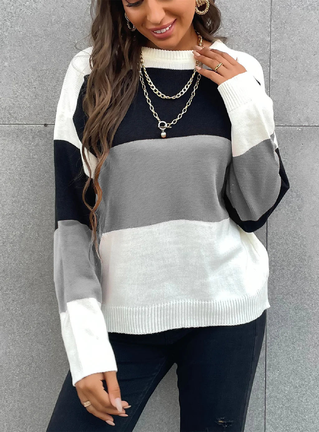 STRIPED STITCHING PULLOVER SWEATER Long Bell Sleeve