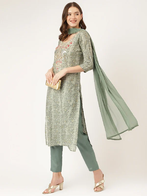 Divena Green Floral Print Chanderi Kurta, Trouser With Dupatta Trousers versatile all-occasion