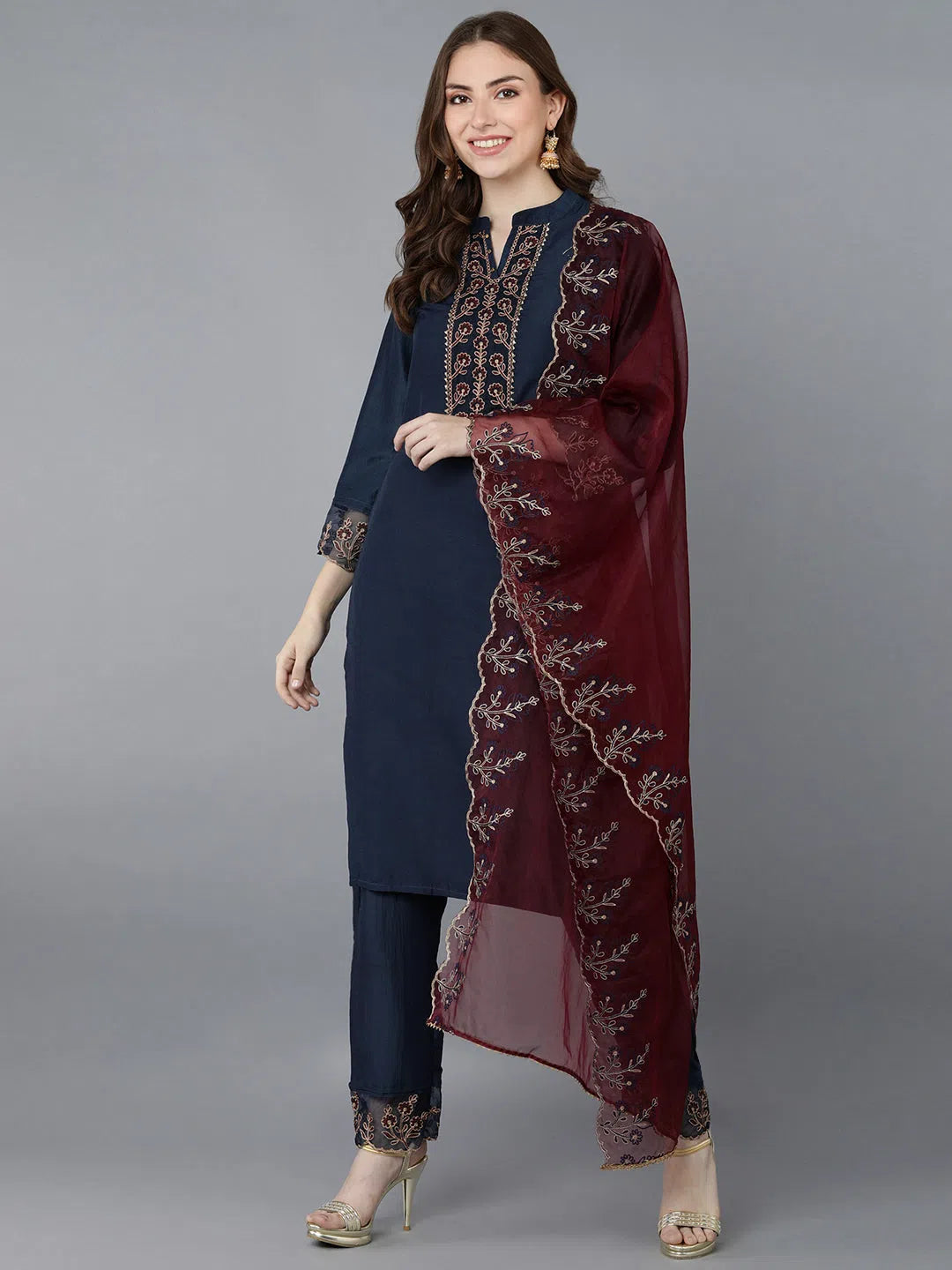 Ahika Poly Silk Embroidered Kurta Trousers With-PKSKD1258A_XS Trousers Travel Practical