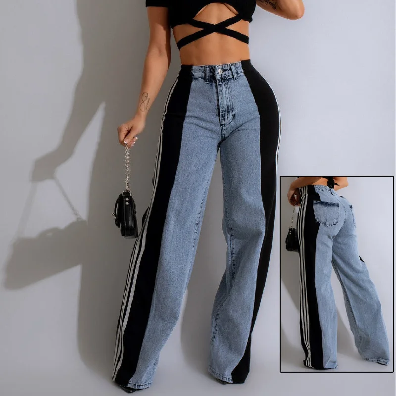 2024 Fashion Casual High Waist Elastic Straight Leg Trousers Three Stripe Patchwork Denim Wide Leg Pants Streetwear Trousers chic elegant