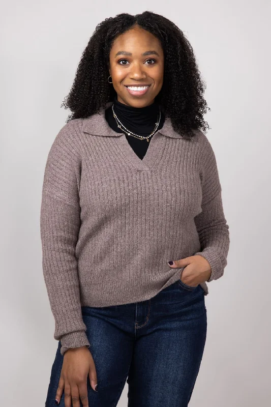 Johnny Collar Sweater for Women in Dark Taupe | LF2S25074-TPE Terry Blend Velvet Blend Canvas Blend