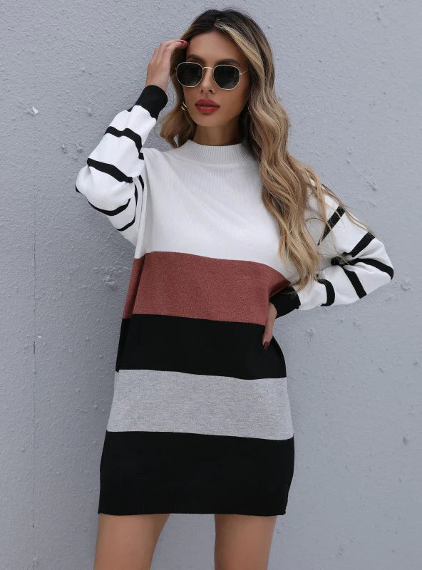 COLOR MATCHING KNITTED PULLOVER STRIPED CONTRAST SWEATER Ruffle Sleeve Feminine