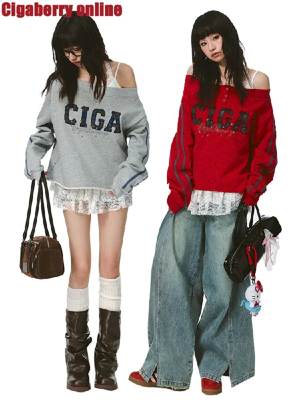 One Shoulder Slash Multi Sweatshirt【s0000011427】 Hoodie with Snap Buttons Easy Quick