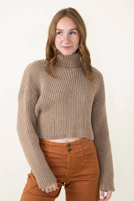 Cropped Turtleneck Sweater for Women in Taupe | MT1573-TAUPE Houndstooth Herringbone Solid