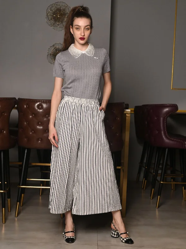 Odette Off White Seer Sucker Stripes Trousers For Women Trousers Print Floral