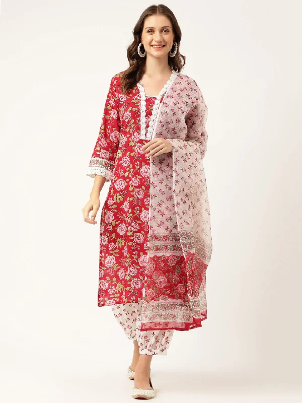 Divena Floral HandBlock Printed Kurta Trouser & Kota Dori Dupatta Set Trousers Satin Smooth